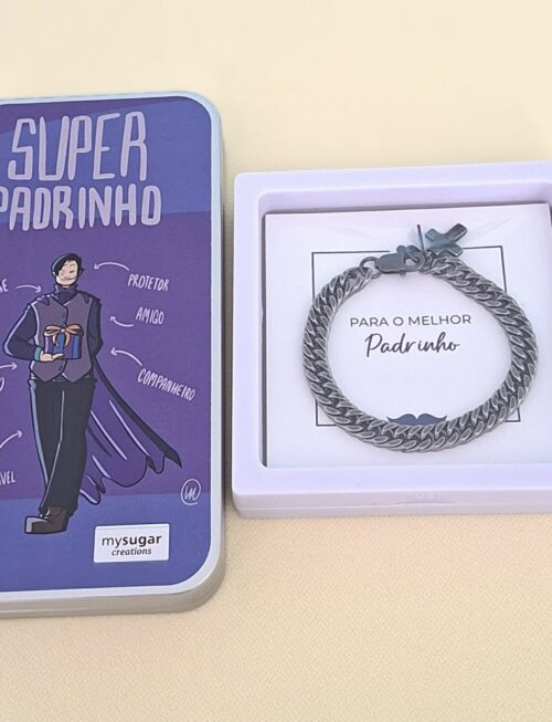 Pulseira + lata chocolate - Super Padrinho