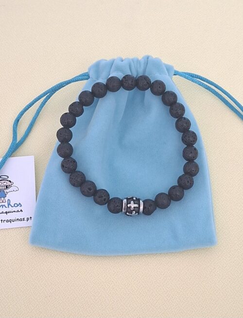 Pulseira aço cruz pedras vulcânicas